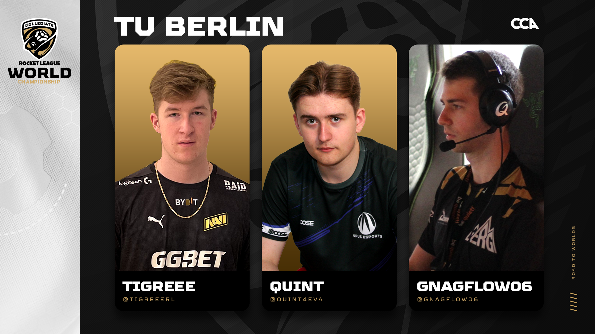 Technical University of Berlin Road to Worlds header with images of Tigreee, quint, and Gnagflow