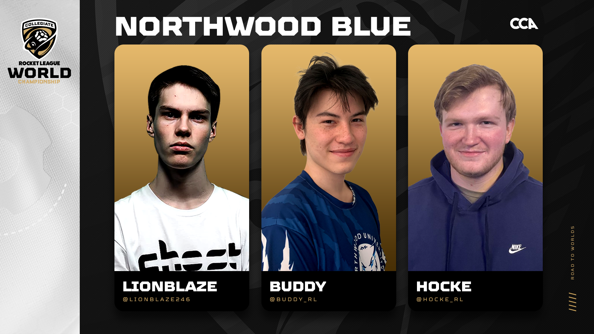 Northwood University Blue Road to Worlds header with images of LionBlaze, Buddy, and HockE