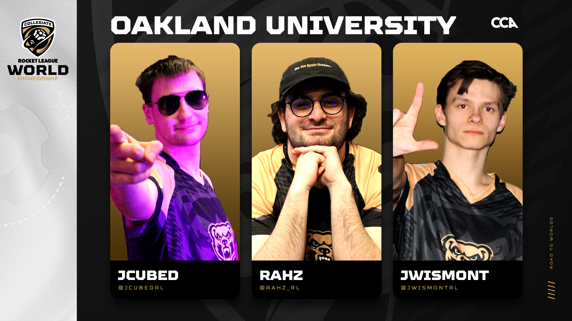 Oakland University Road to Worlds header with images of JCubed, Rahz, and JWismont