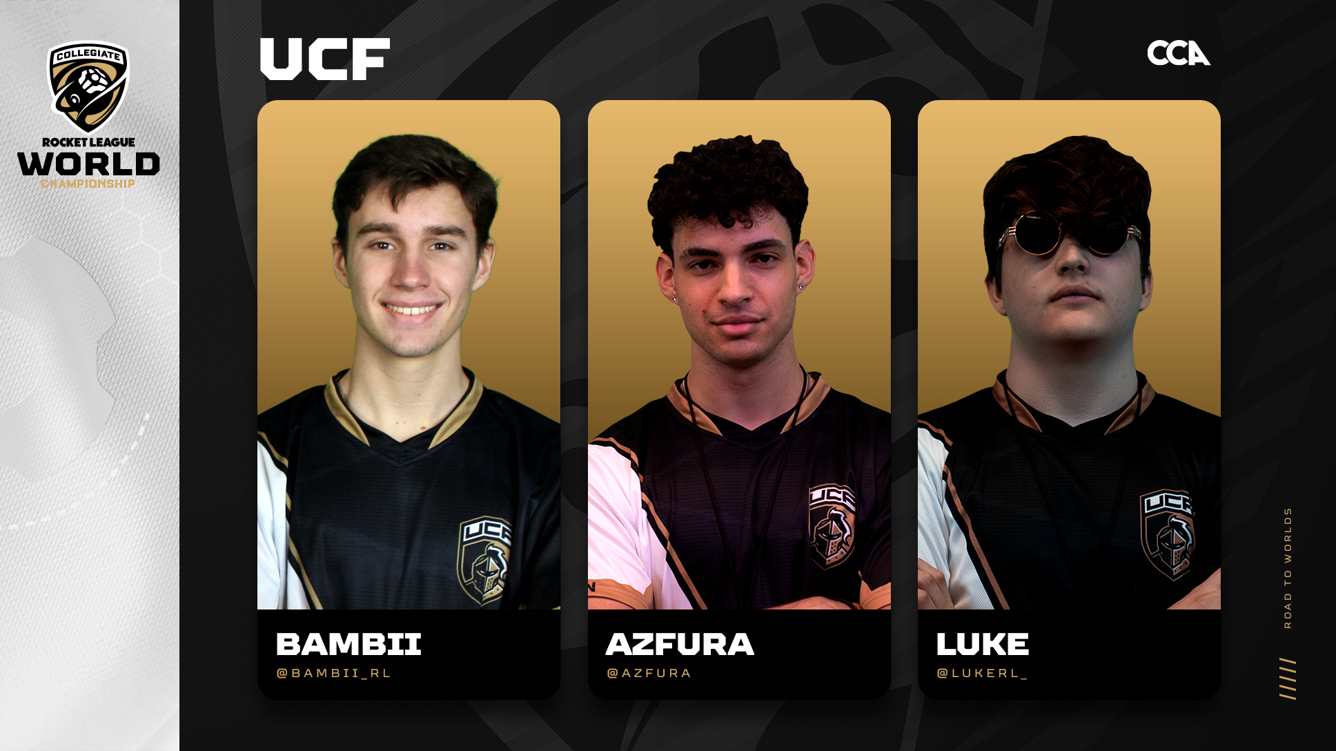 University of Central Florida Road to Worlds header with images of Bambii, Azfura, and Luke.