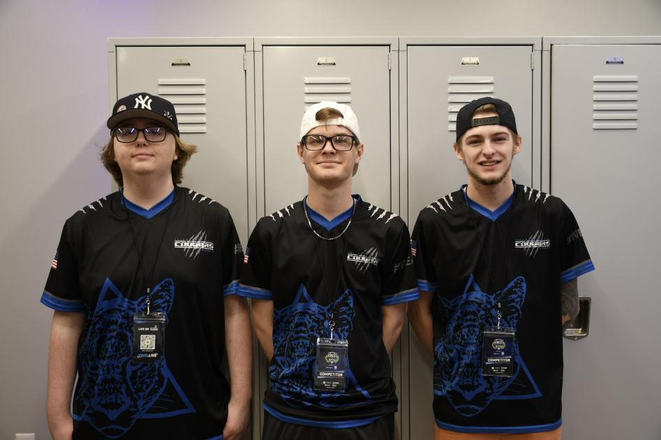 Columbia College Rocket League Players standing in front of lockers
