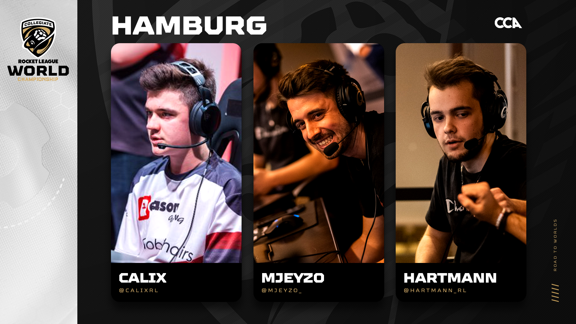 University of Hamburg Road to Worlds header with images of Calix, Mjeyzo, and Hartmann