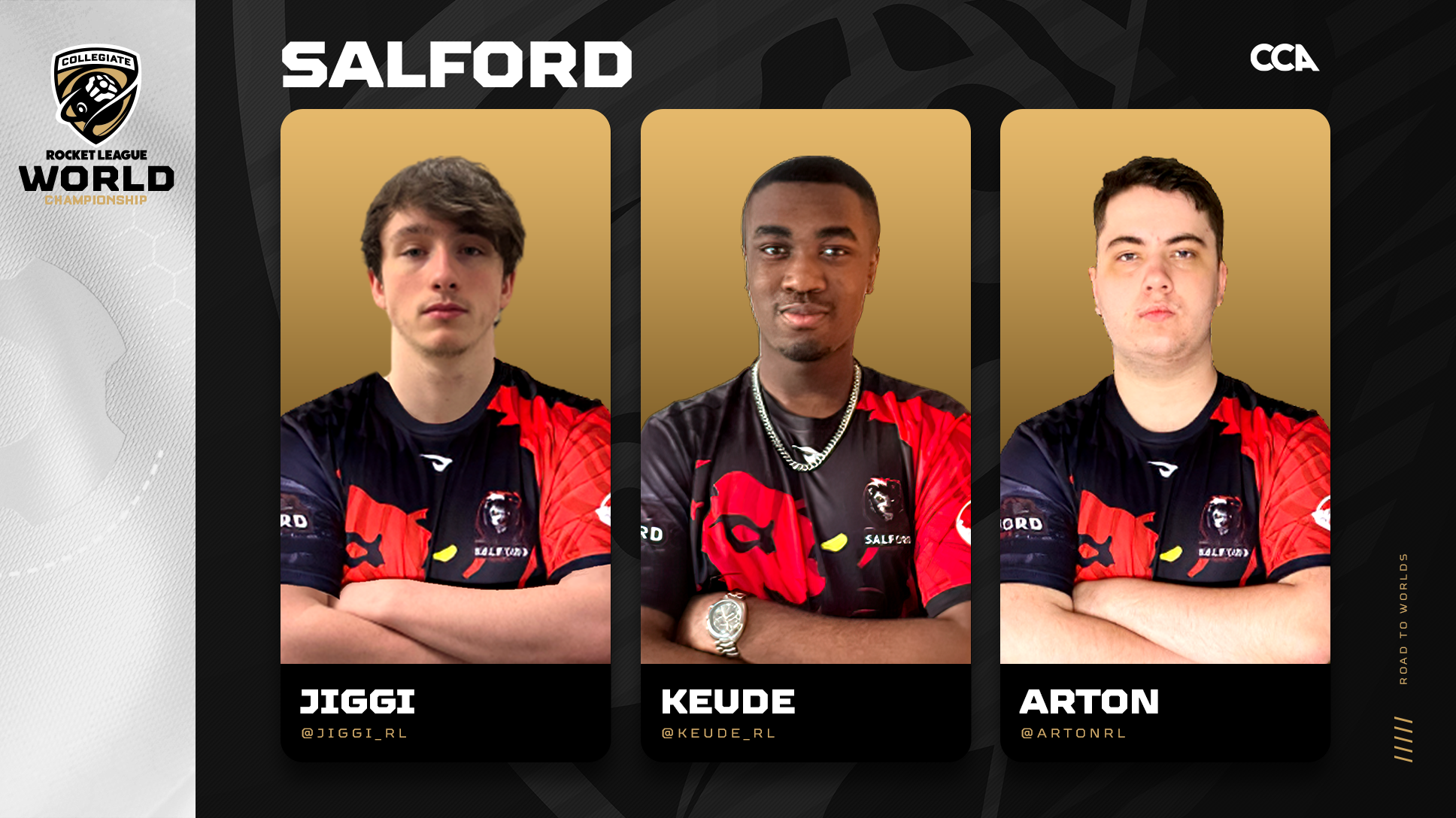 University of Salford Road to Worlds header with images of Jiggi, Keude, and Arton
