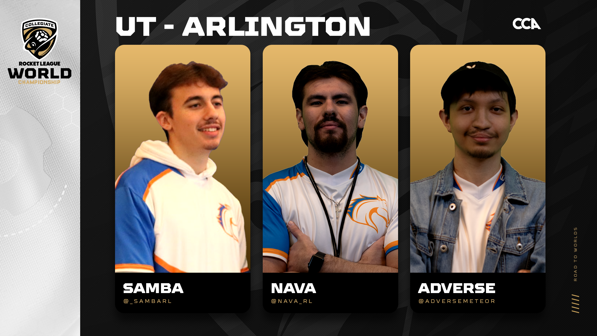 UT Arlington Road to Worlds header with images of Samba, Nava, and Adverse