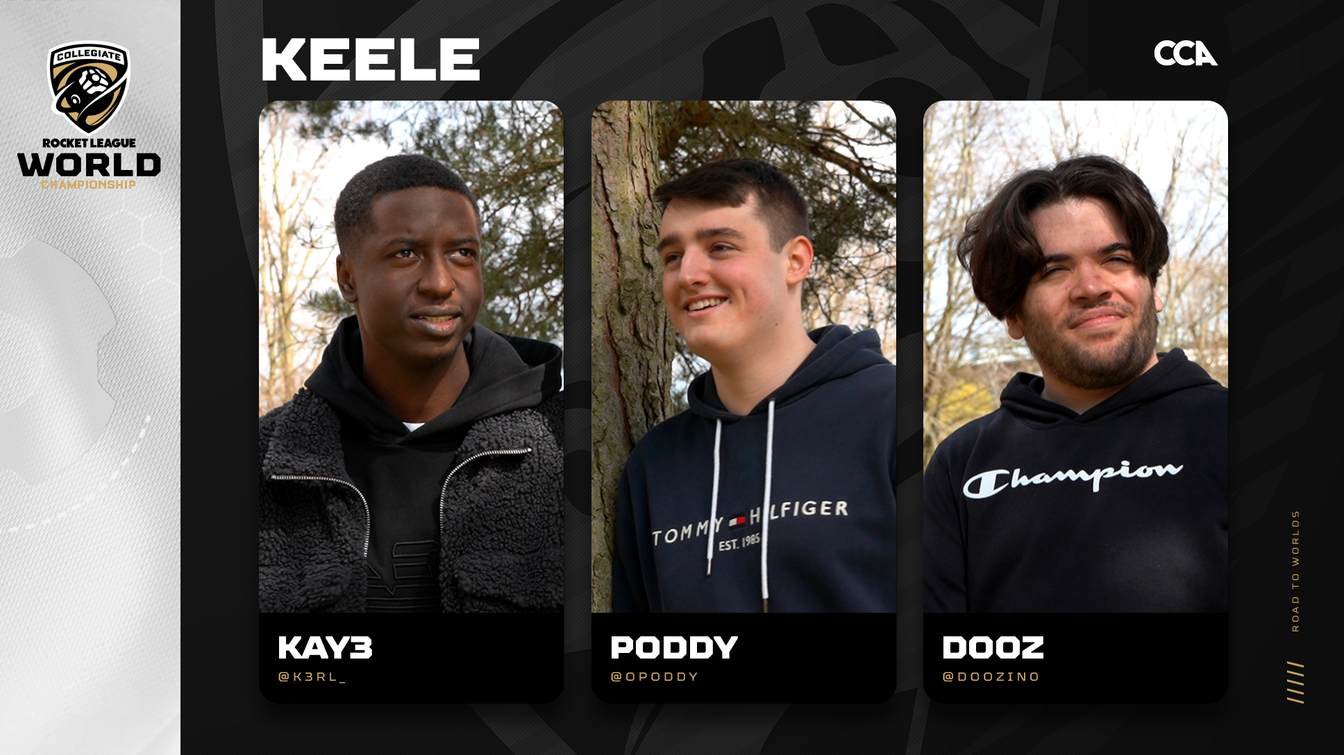 Keele University Road to Worlds header with images of Kay3, Poddy, and Dooz