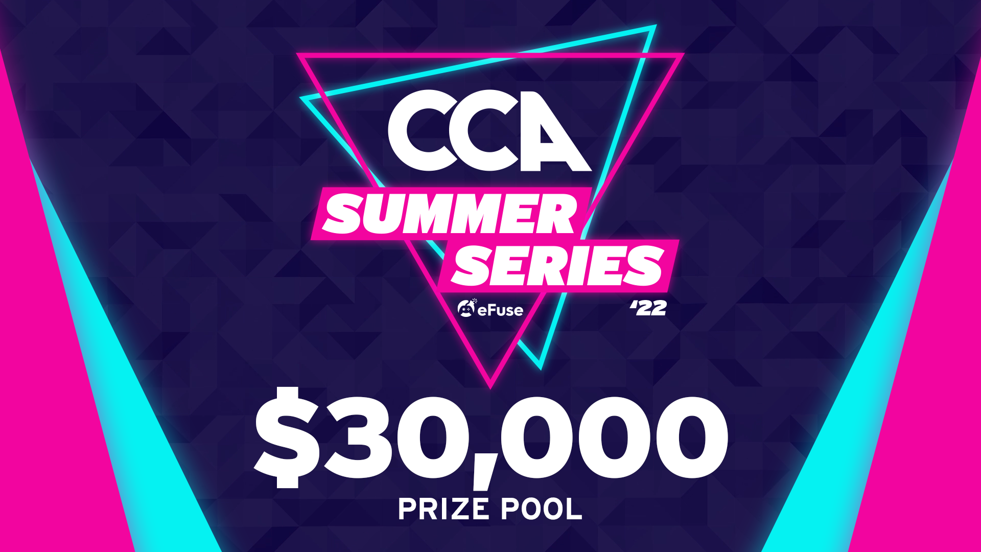 CCA Summer Series '22 Presented by Efuse Announcement Graphic on a Purple Background with Neon Blue and Pink Accents